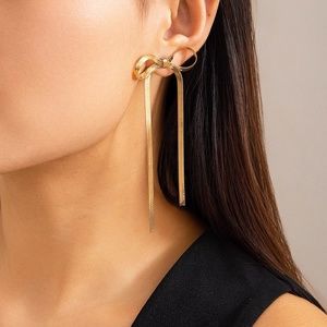 Gold Plated Bow Drop Dangle Earrings, long Tassel Earrings